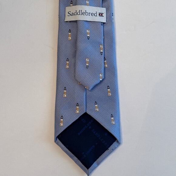Saddlebred Lighthouse Silk Blend Textured Blue Nautical Necktie 60” Foulard Tie - Picture 3 of 5